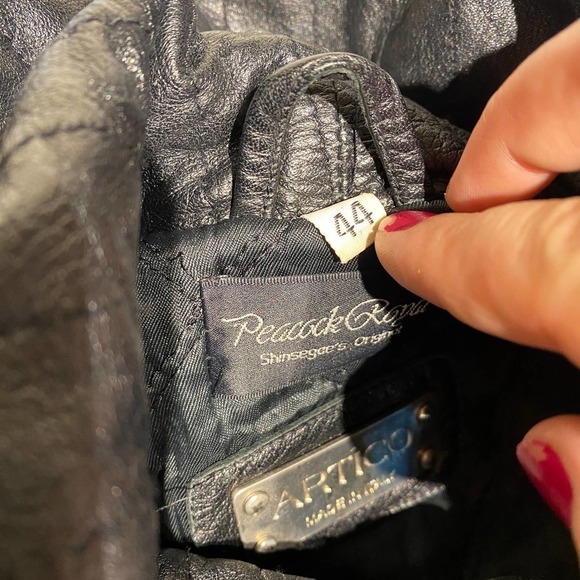 Artico Black Full Zip Spread Collar Peacock Royal Leather Jacket Womens Size 44 - Picture 7 of 10